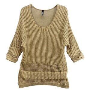 Massini Sweater Women Sz 1X Gold Metallic Knit Scoop Neck 3/4 Sleeve Relaxed Fit